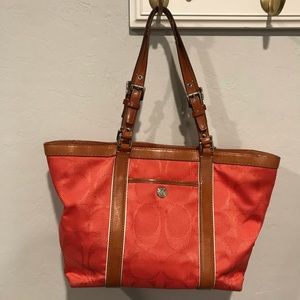 Authentic Coach Signature Fabric Tote Coral